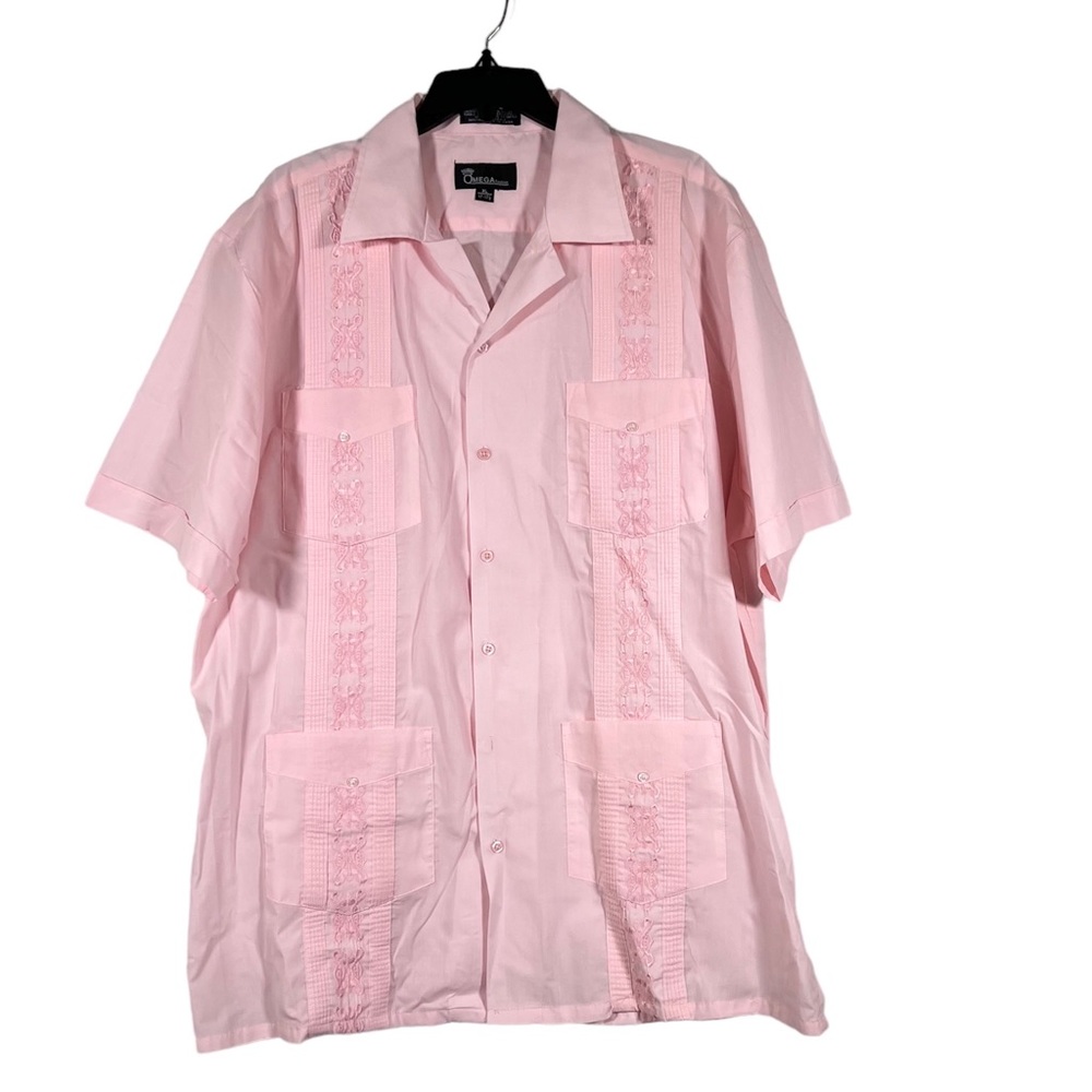 Omega Men Linen Style Pink Short Sleeve Button Down Beach Shirt XL 17-17.5
